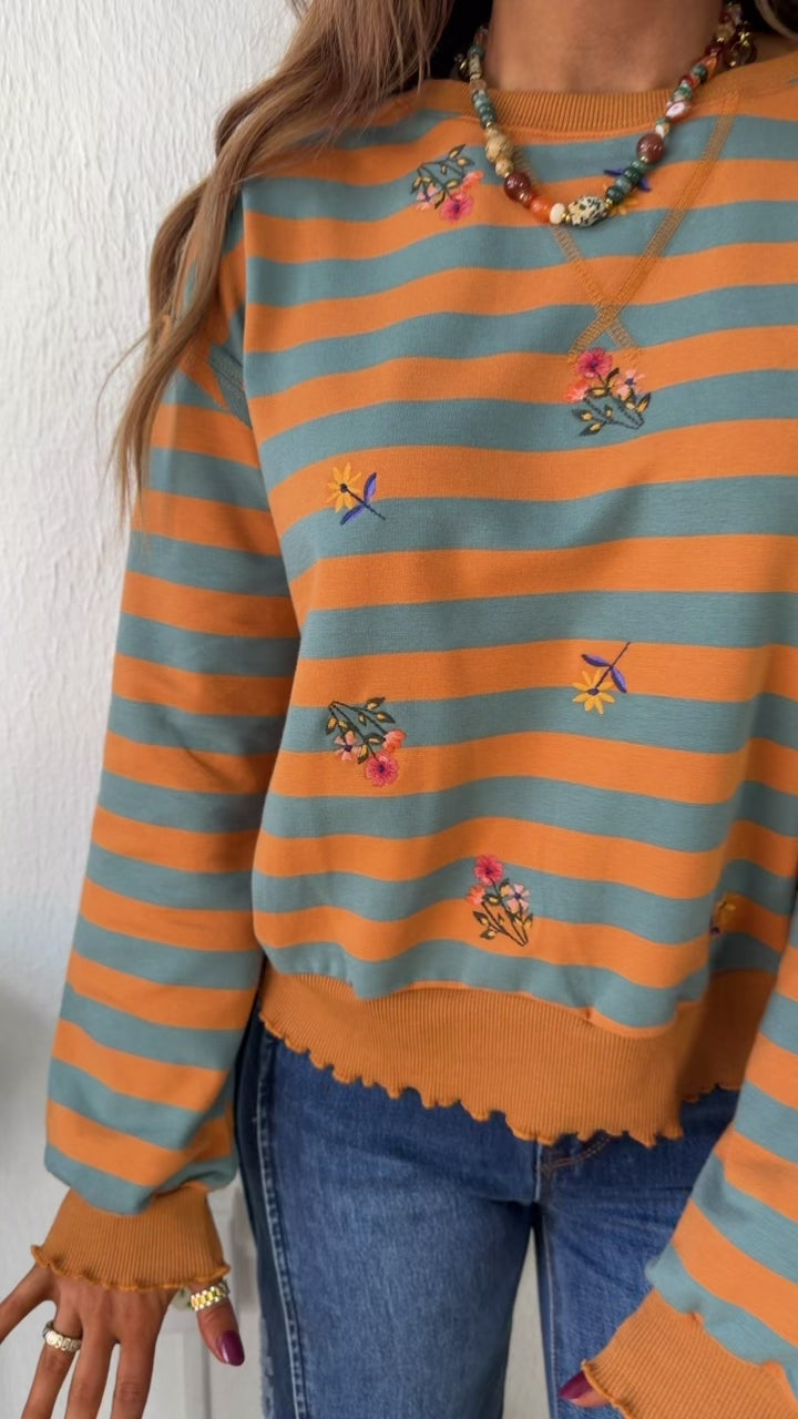 Brushwood Embroidered Sweatshirt, Pumpkin/ Teal