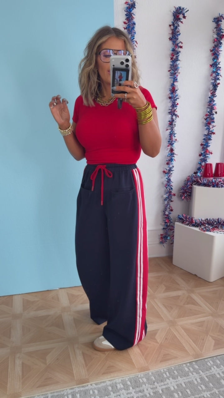 Red & White Stripe Track Pant, Navy