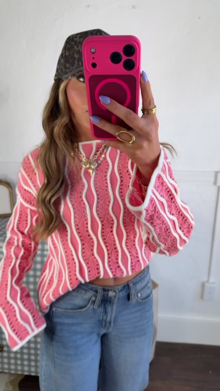 Open Sand Swirly Striped Sweater, Strawberry