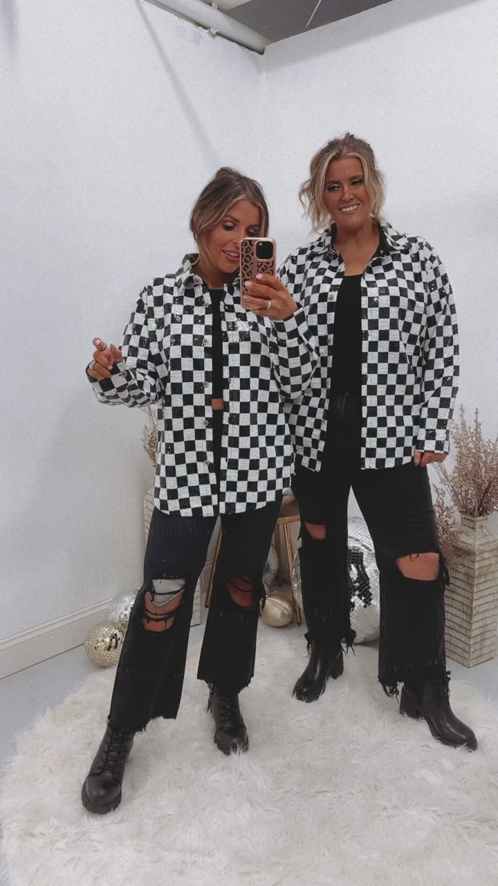 Sequin Checkered Jacket, Black/White