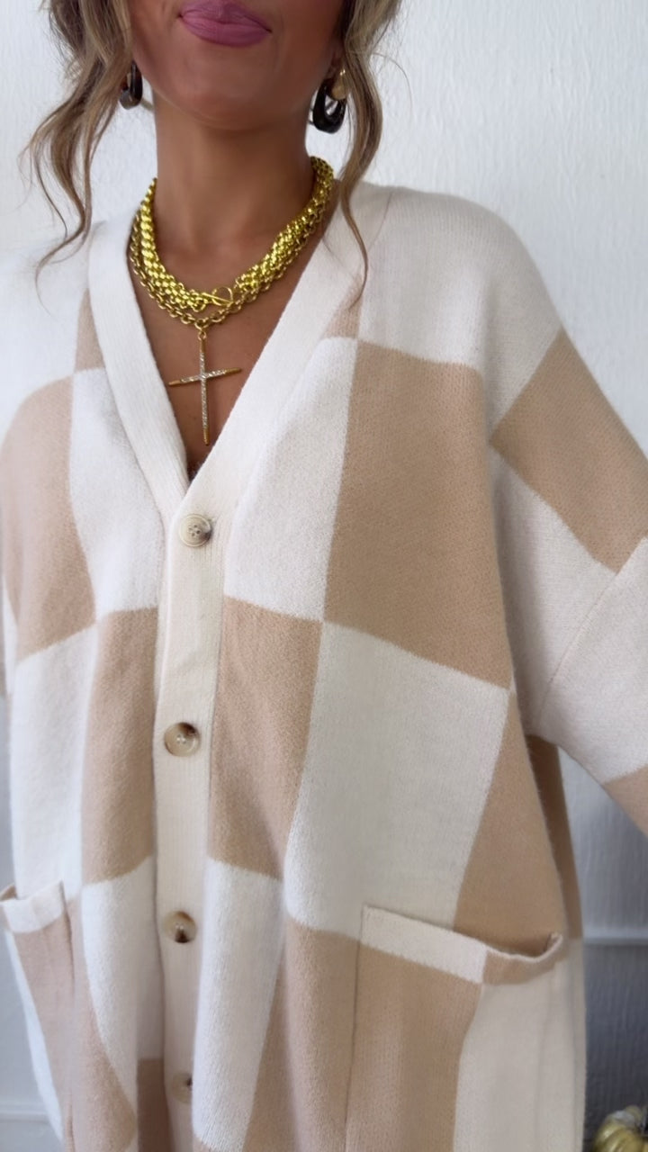 Square Checkered Long Cardigan, Tan/Cream