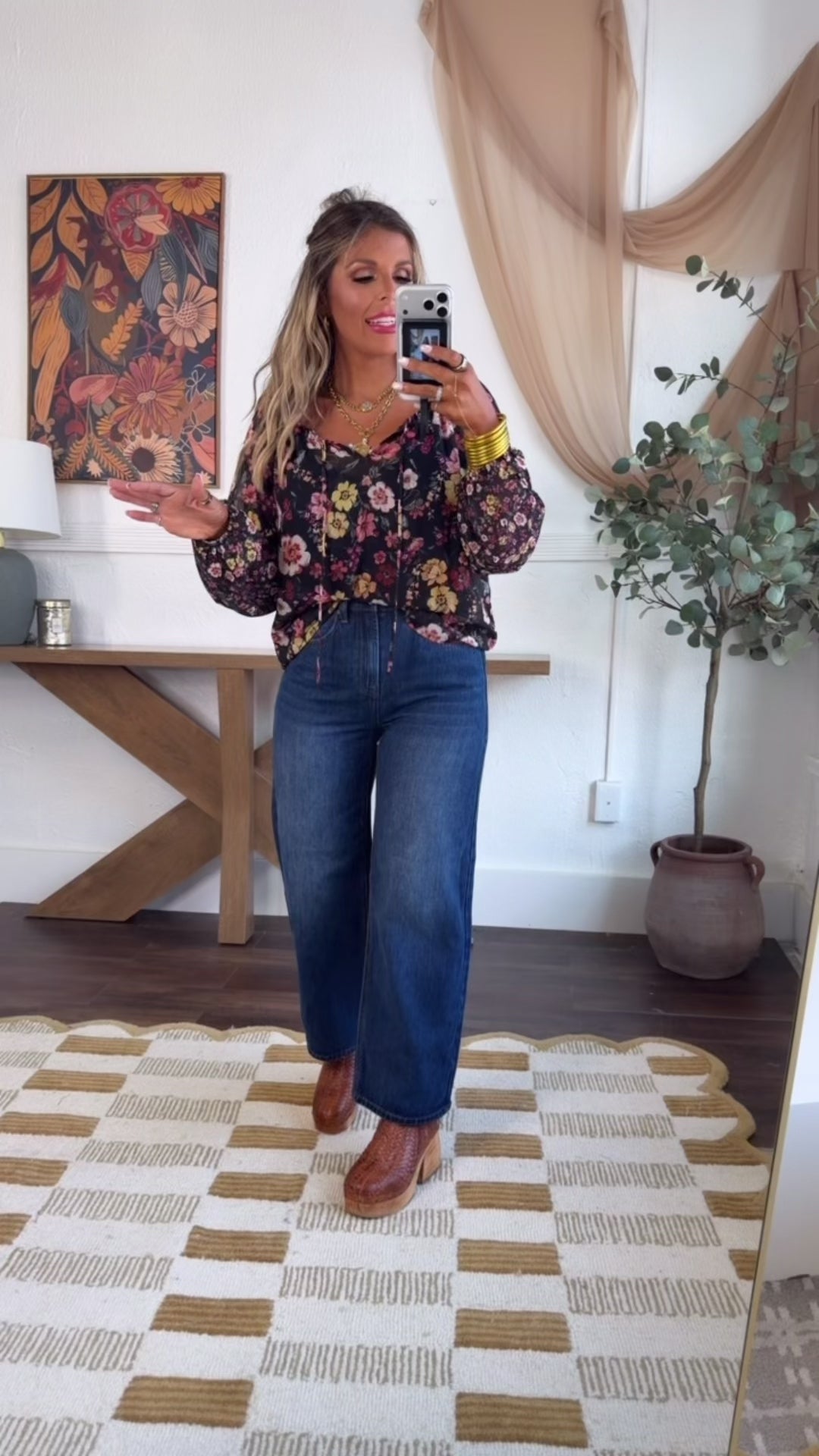 Neck Tie Floral Blouse, Rust/Black