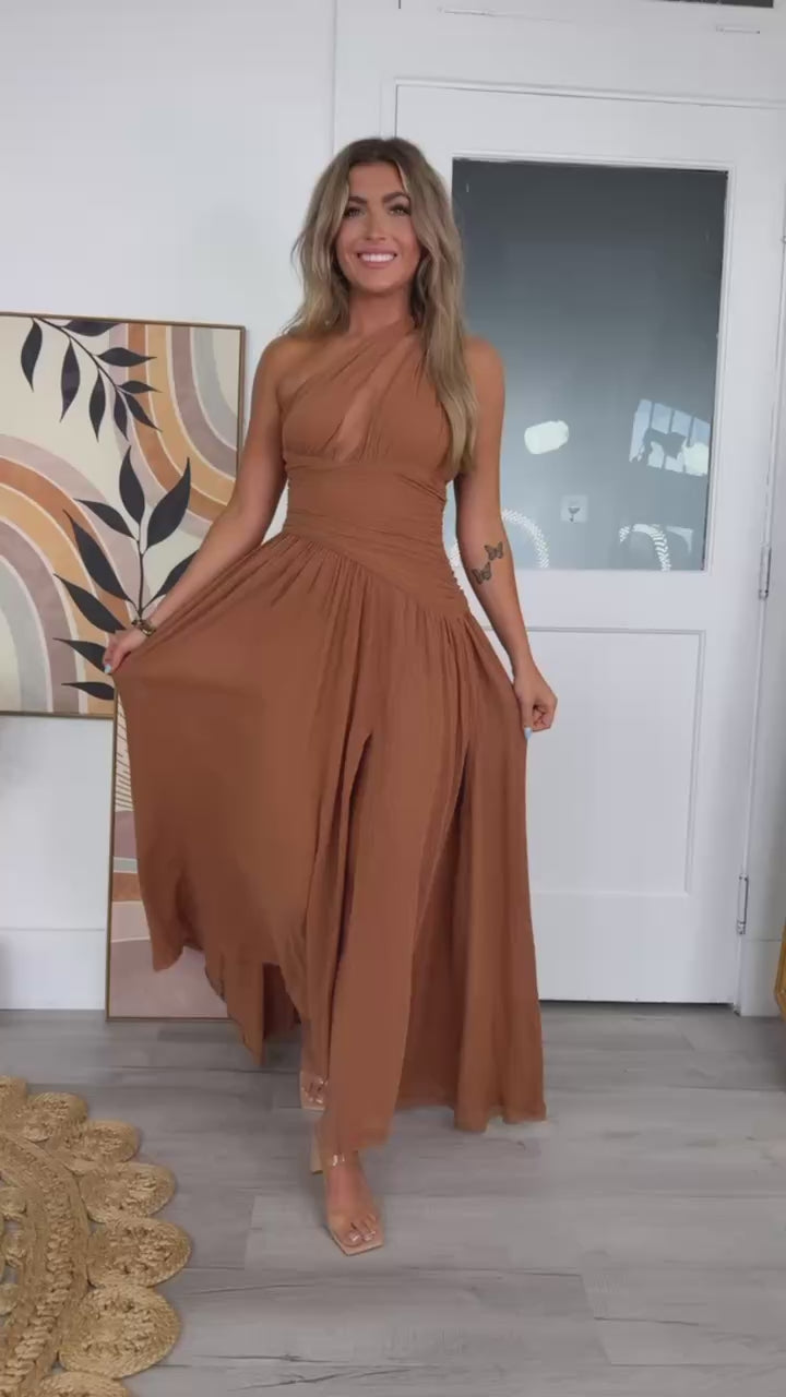 Wildflower Toga One Shoulder Dress, Toffee – Everyday Chic Boutique