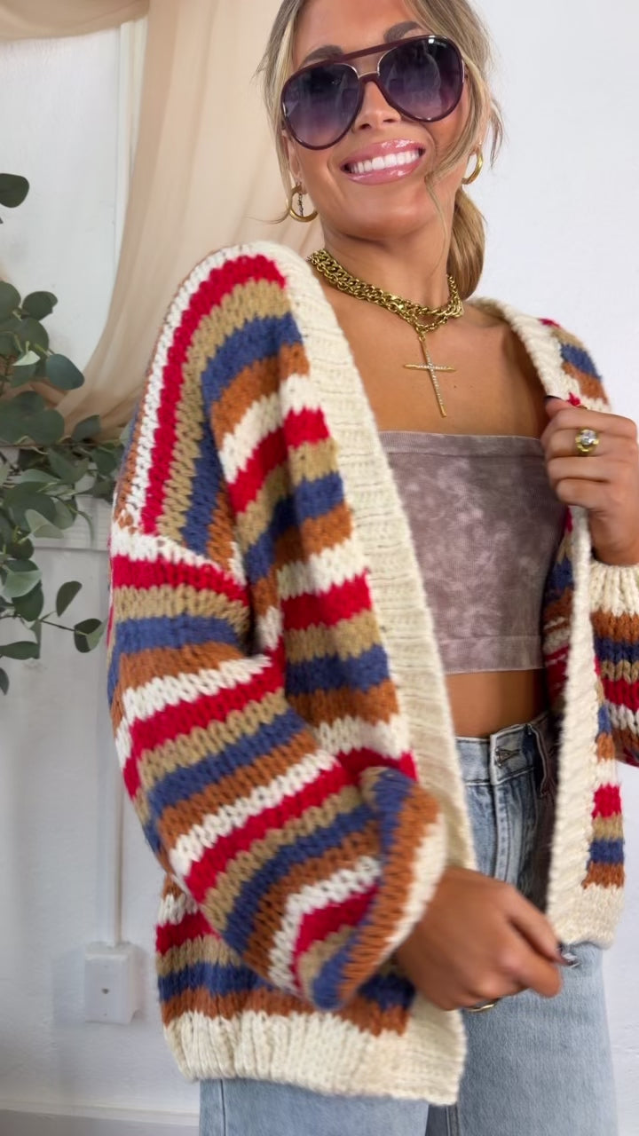 Afterglow Knit Cardigan, Cream/Navy/Red