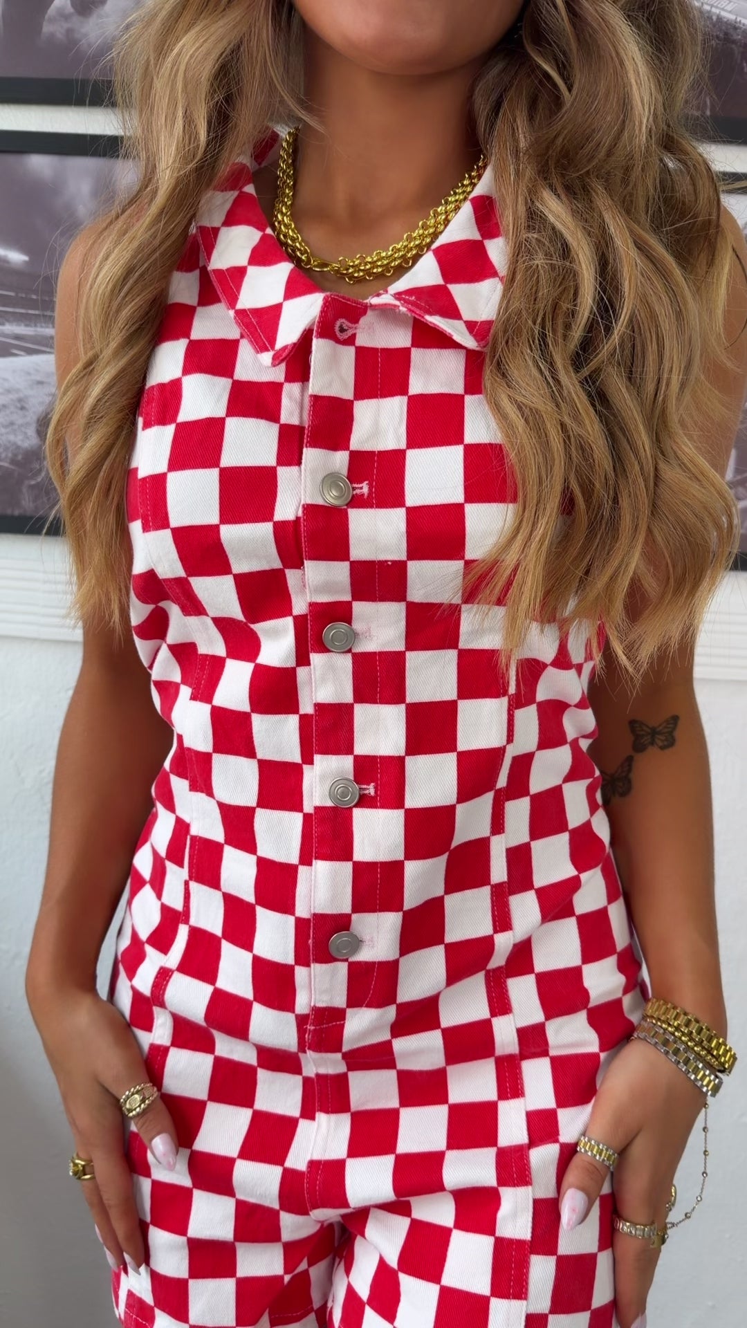 Checkered Babe Romper, Red/White
