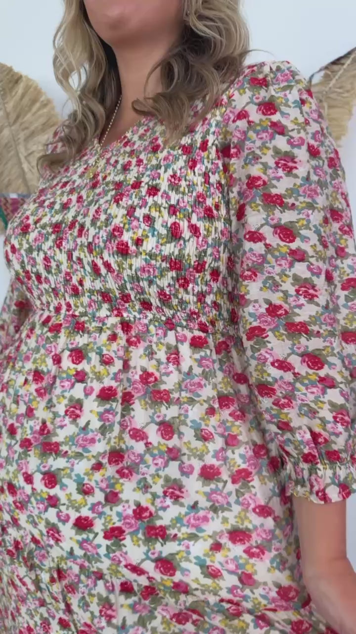Full Bloom Floral Print Smocked Maxi Dress