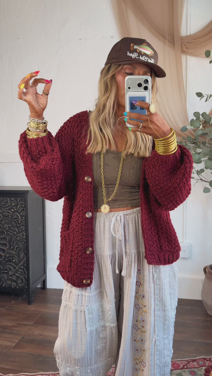 Slouchy Knit Button Cardigan, Burgundy