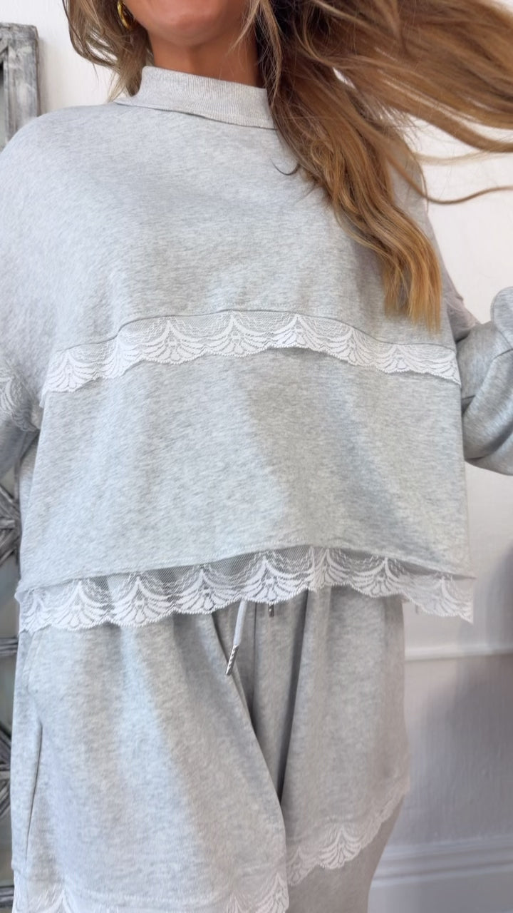 Lace Seam Detailed Two Piece Set, H.Grey