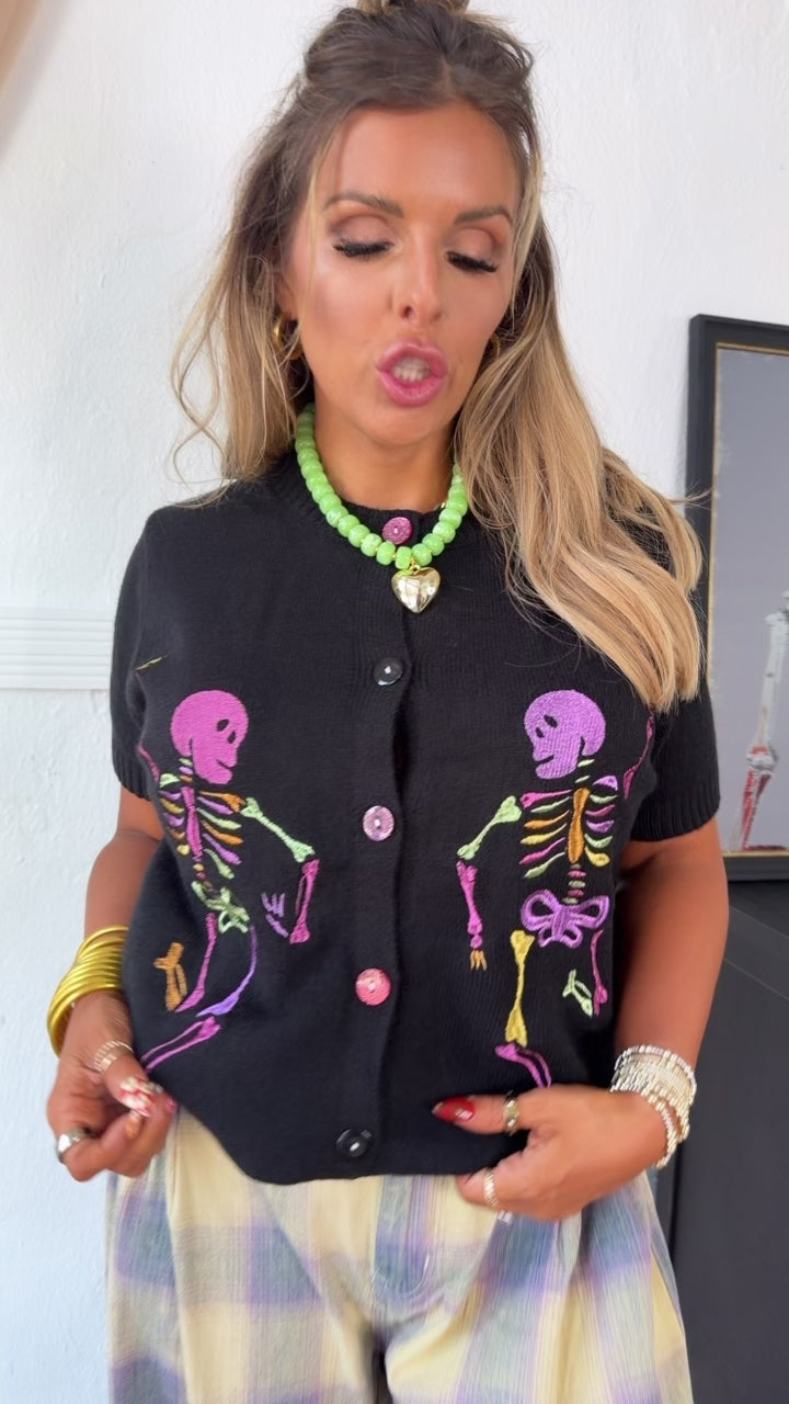 Skeleton Party Knit Cardigan, Black