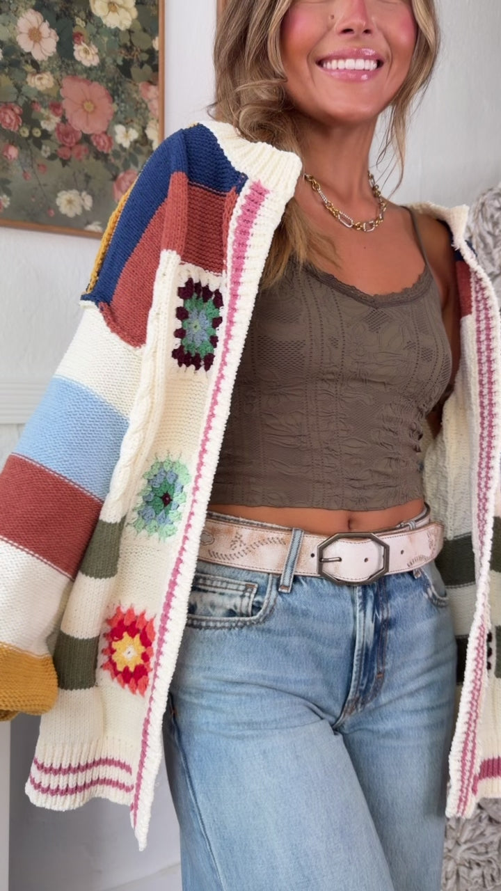 Sophie Color Block Granny Squares Cardigan, Cream Multi