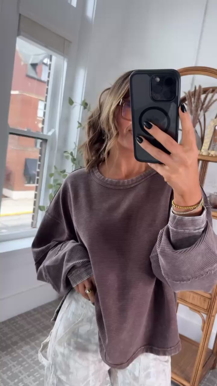 DOORBUSTER: Acid Washed Ribbed Cropped Pullover, Brown