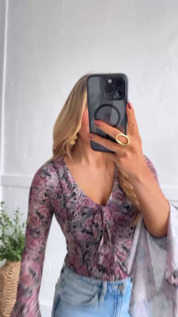 Last Floral Kiss Tied Top, Black