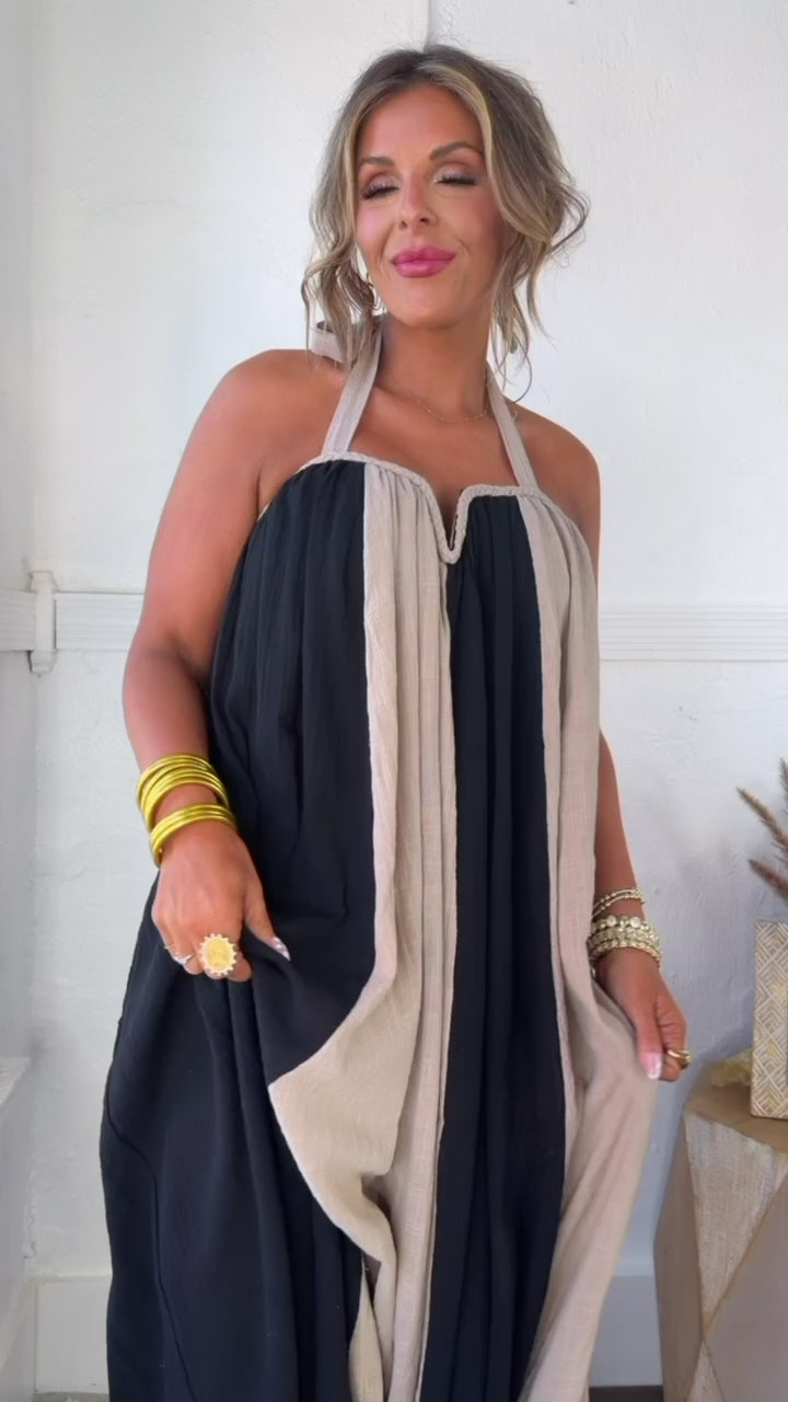 Moonlit Stream Maxi Dress, Sand/Black