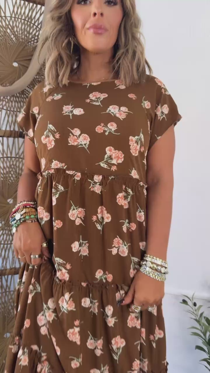 fall brown dress Timeless Romantic Chiffon Maxi Dress, Everyday Chic Boutique Rounded Neckline with cap sleeves Fully lined for comfort Fitted bodice Tiered accented bottom Fabric Anissa Brown Overall Dress FINAL