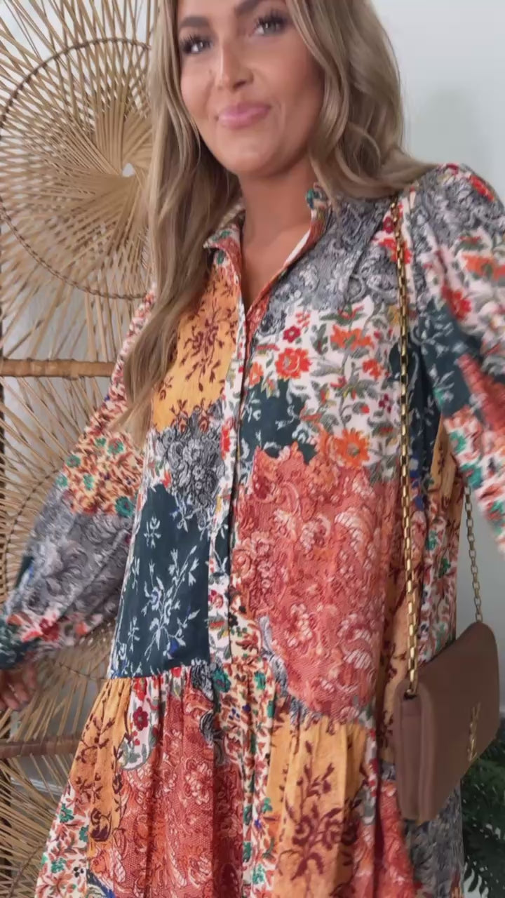 Nellie Patchwork Long Sleeve Mini Dress, Navy