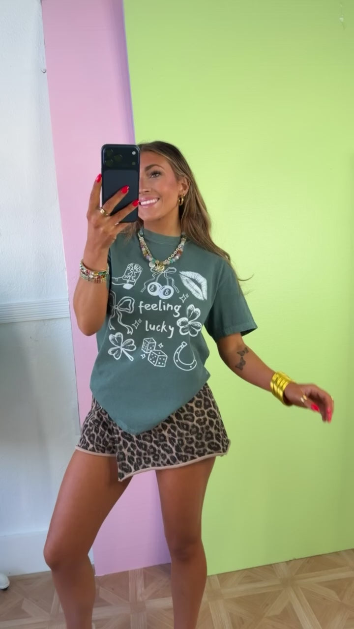 Feeling Lucky Patchwork Graphic Tee, Washed Green