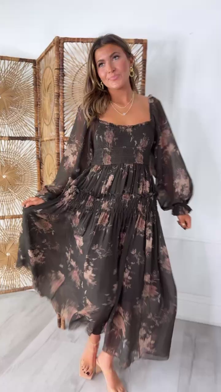 Dusty Bloom Midi Dress, Espresso