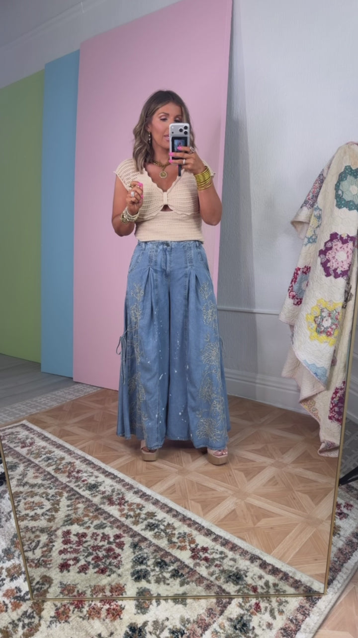 Floral Detail Wide Leg Pants, Denim