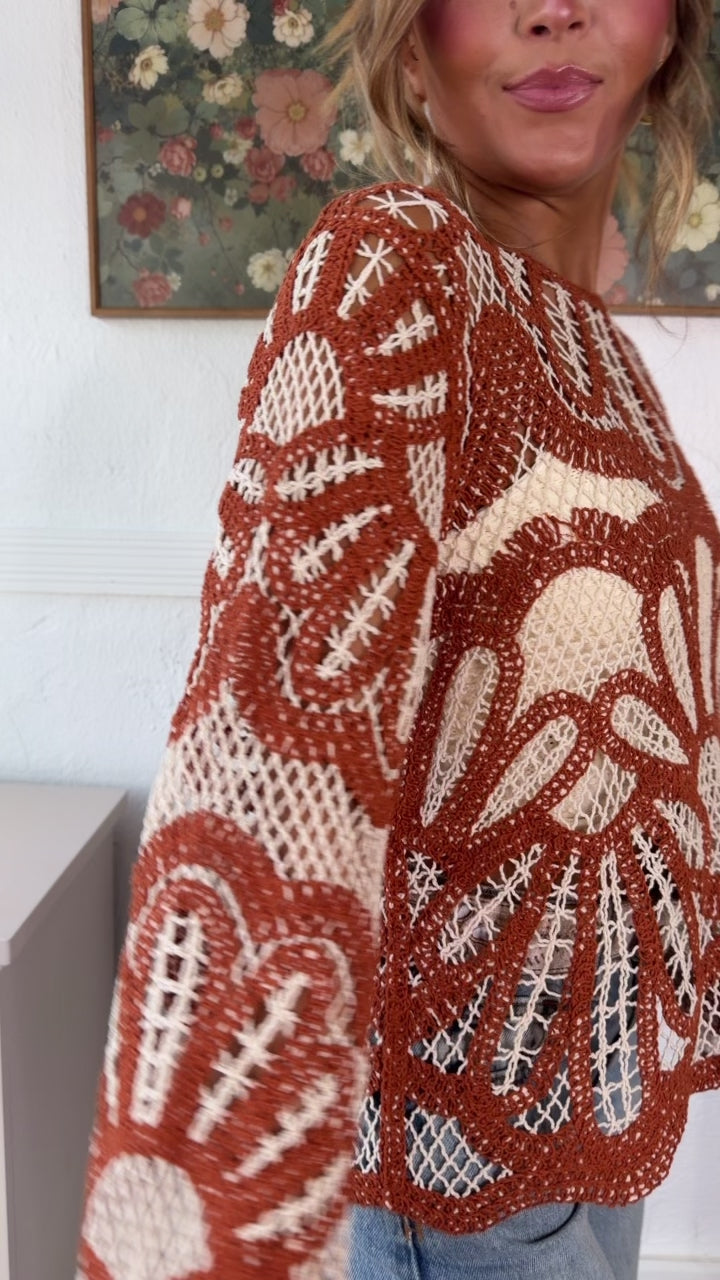 Boho Contrast Crochet Top, Rust