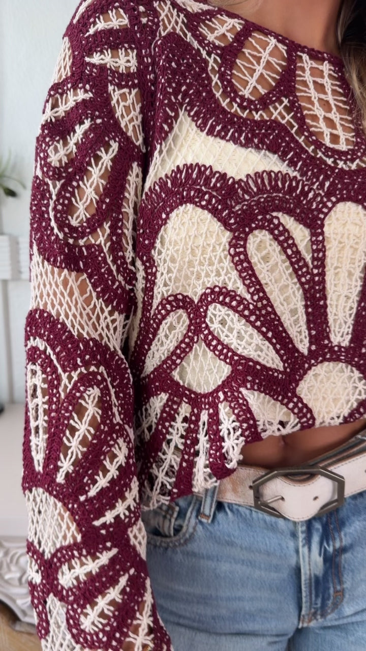 Boho Contrast Crochet Top, Cinnamon
