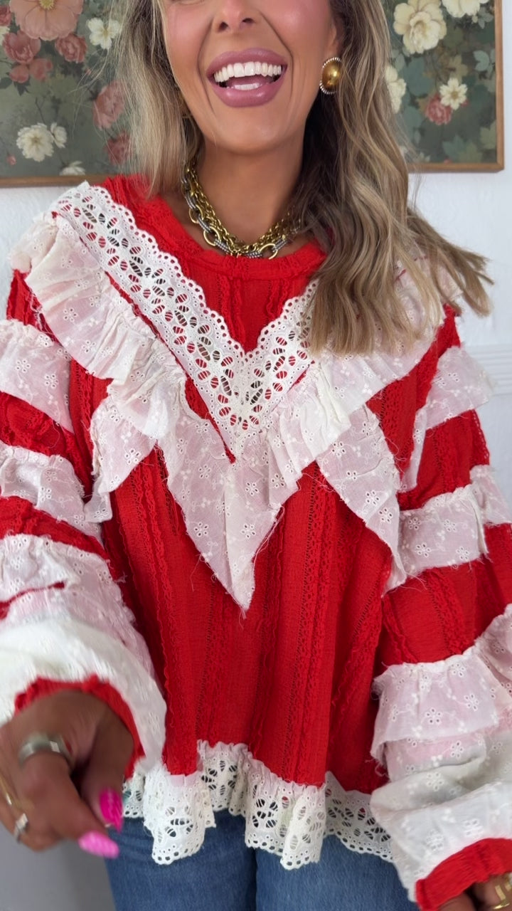 Strawberry Milk Ruffled Blouse, Apple Red