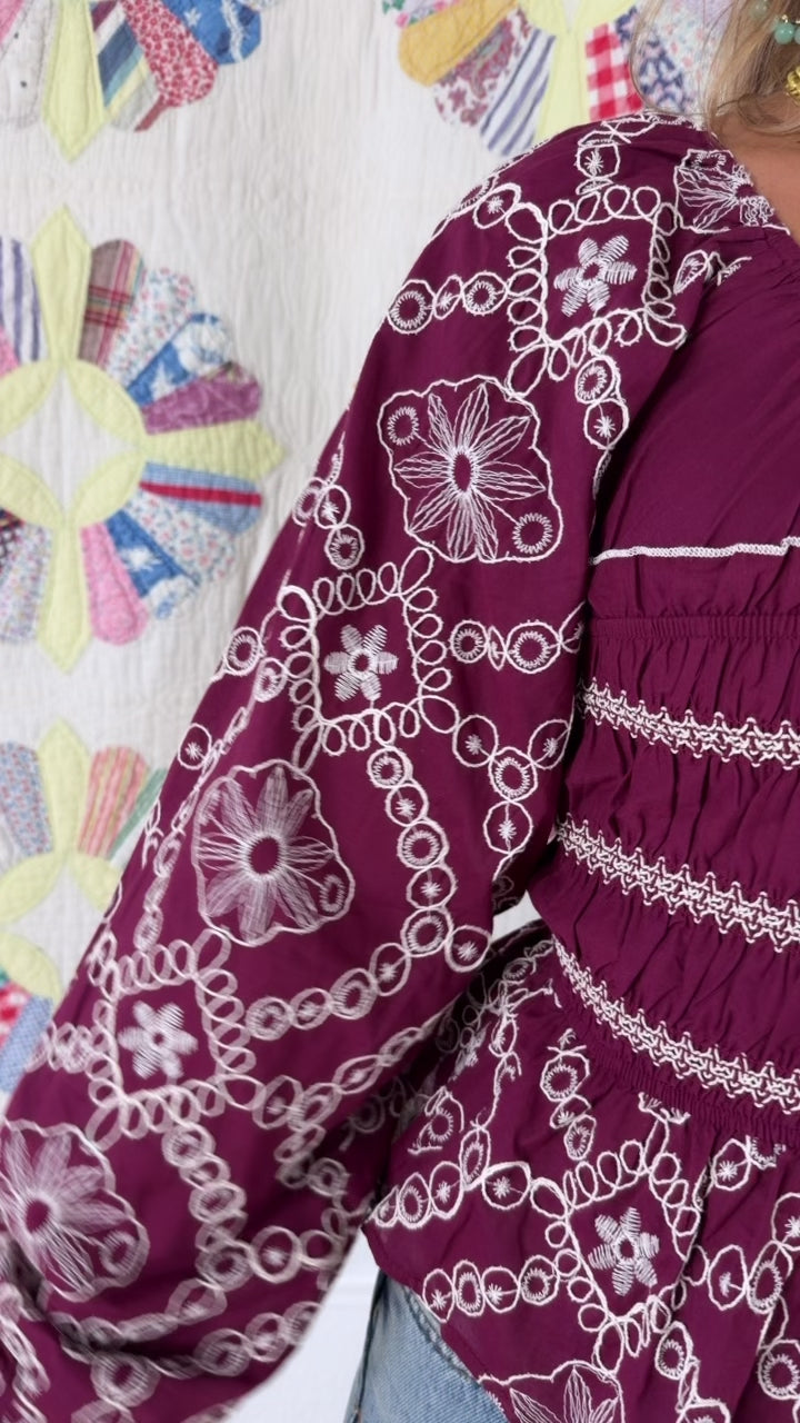 Elaine Embroidered Blouse, Plum