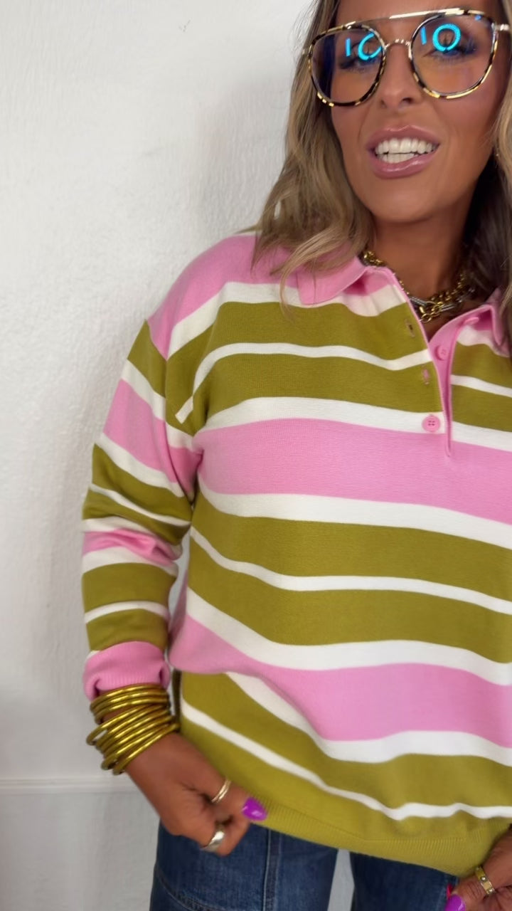Polo Stripe Sweater, Dried Moss Multi