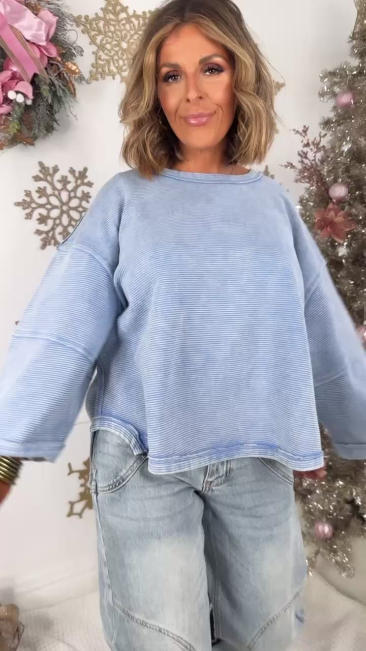 DOORBUSTER: Acid Washed Ribbed Cropped Pullover, Blue