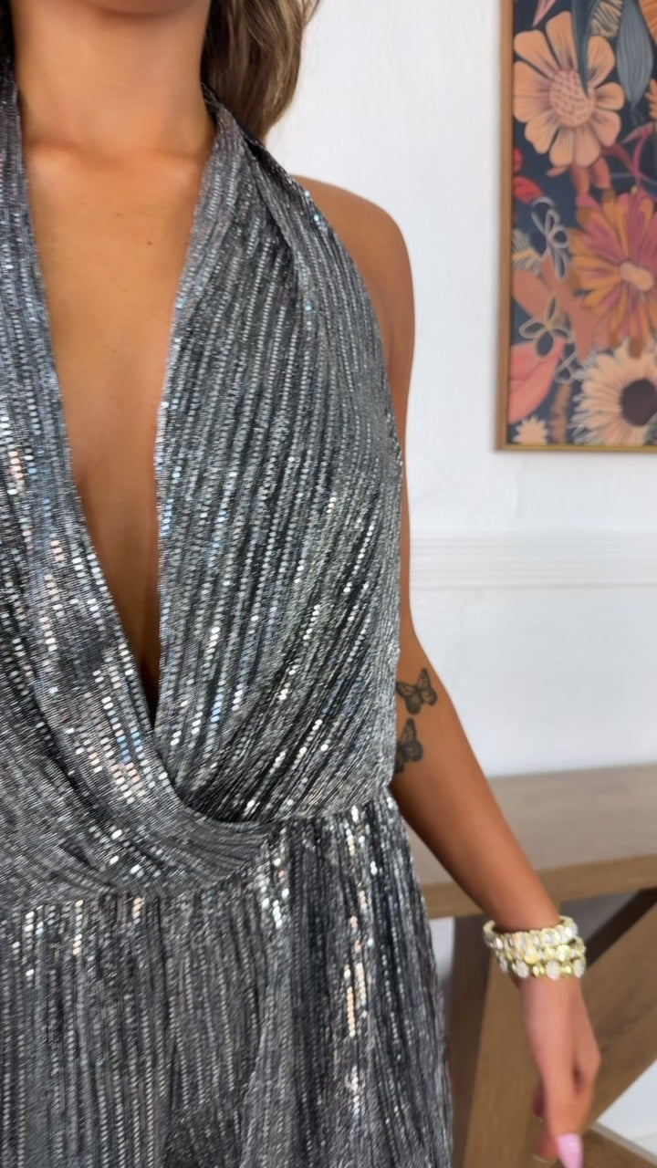 Mirrorball Sparkle Romper, Silver Starlight