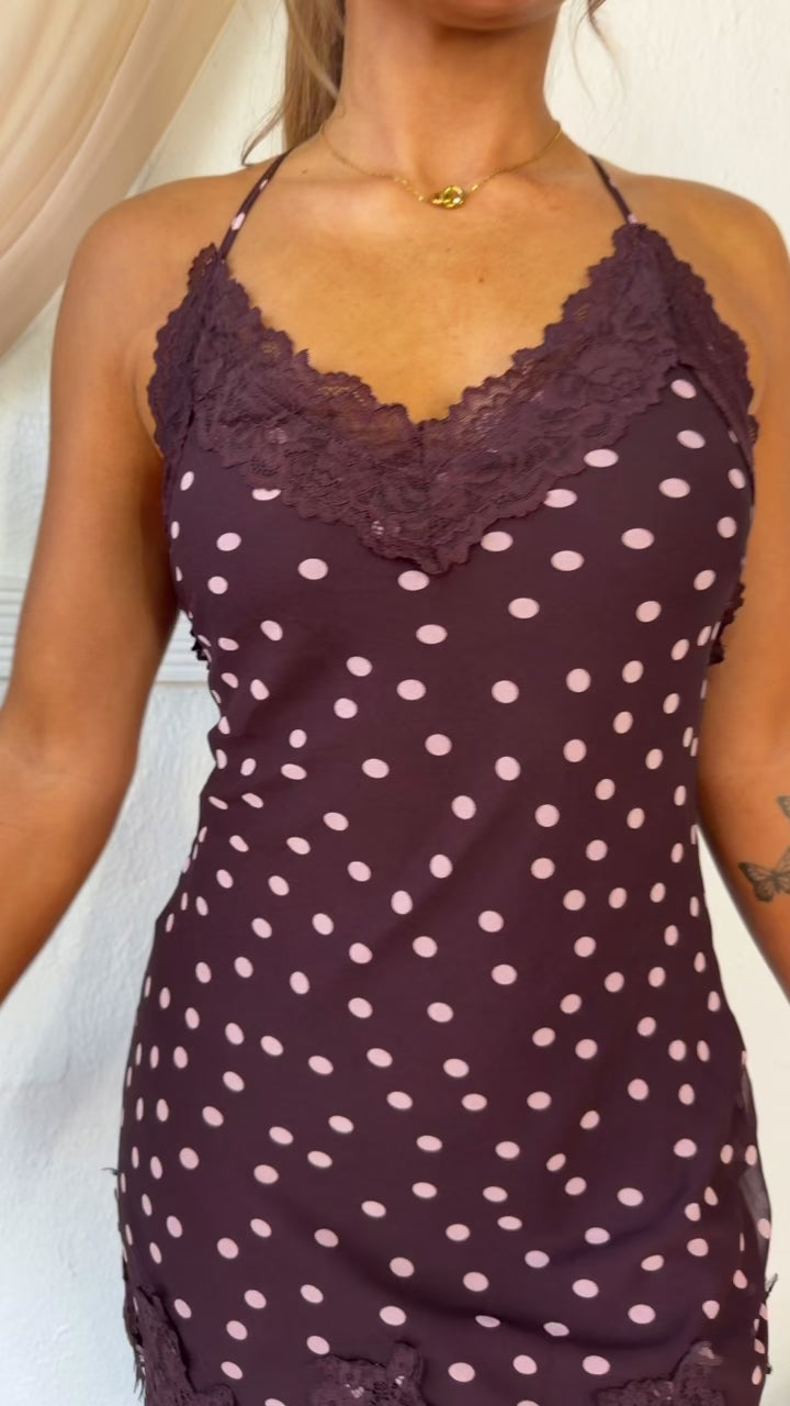 Polka Dot Silk Mini Dress, Fairly Plum