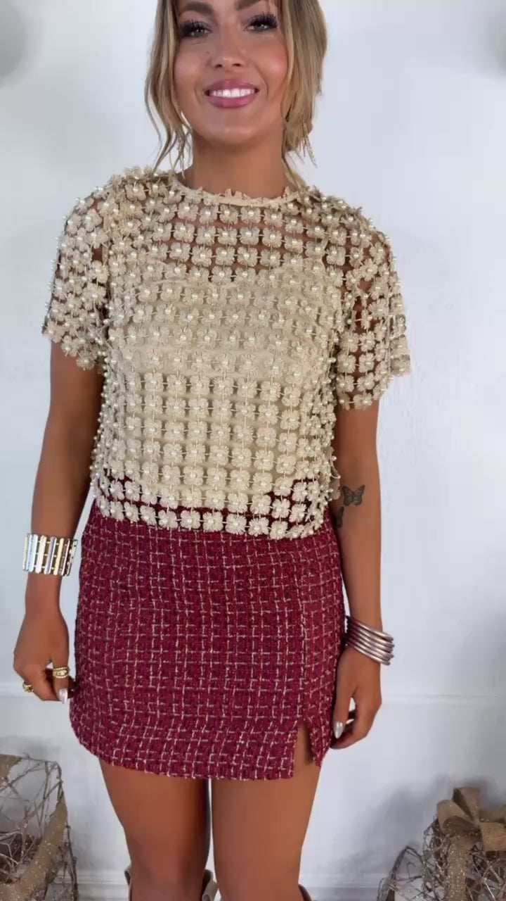 Here To Impress Lace Beaded Short Sleeve Top, Champagne