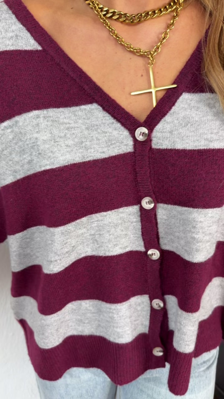V-Neck Stripe Cardigan, Burgundy/ Grey