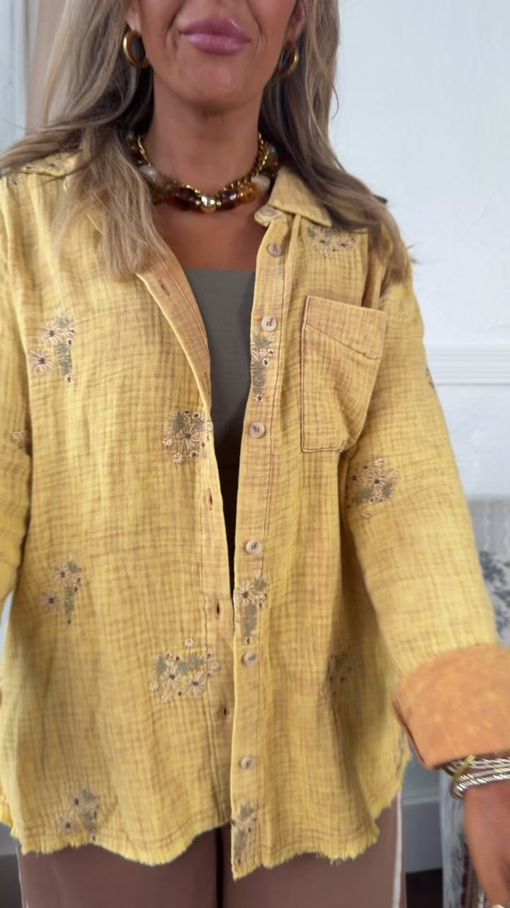 Daisy Detailed Embroidered Button Up, Washed Mustard
