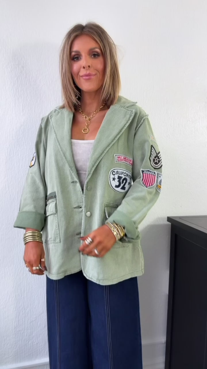Vintage Patched Military Blazer, Powder Matcha