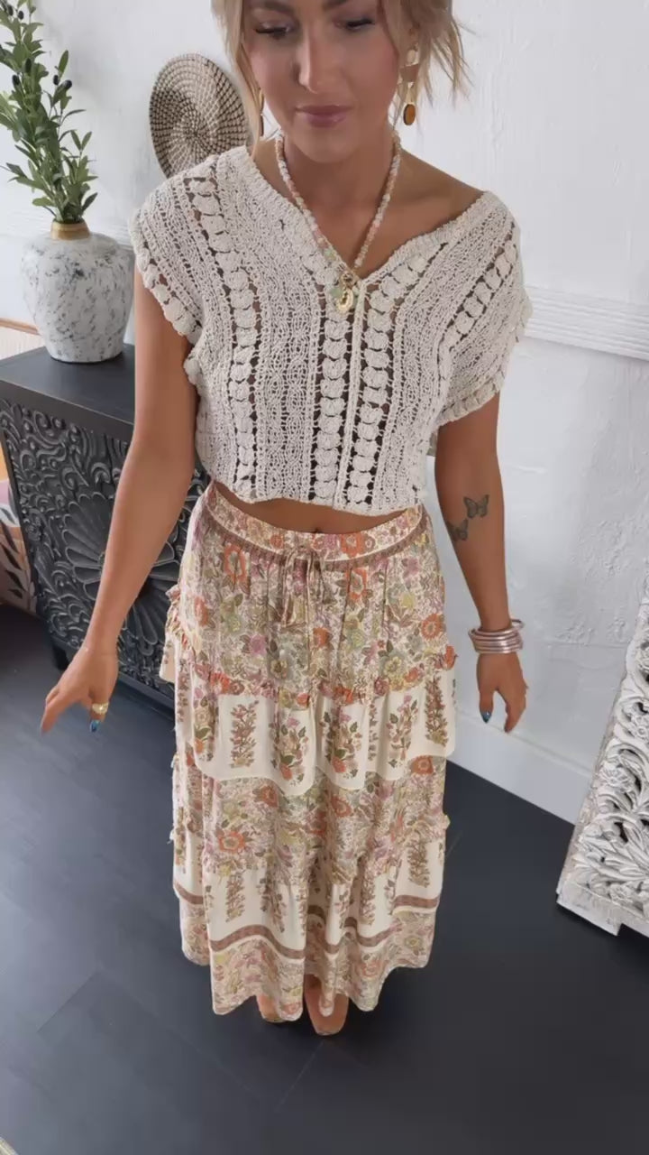 Garden Fields Maxi Skirt, Cream Multi