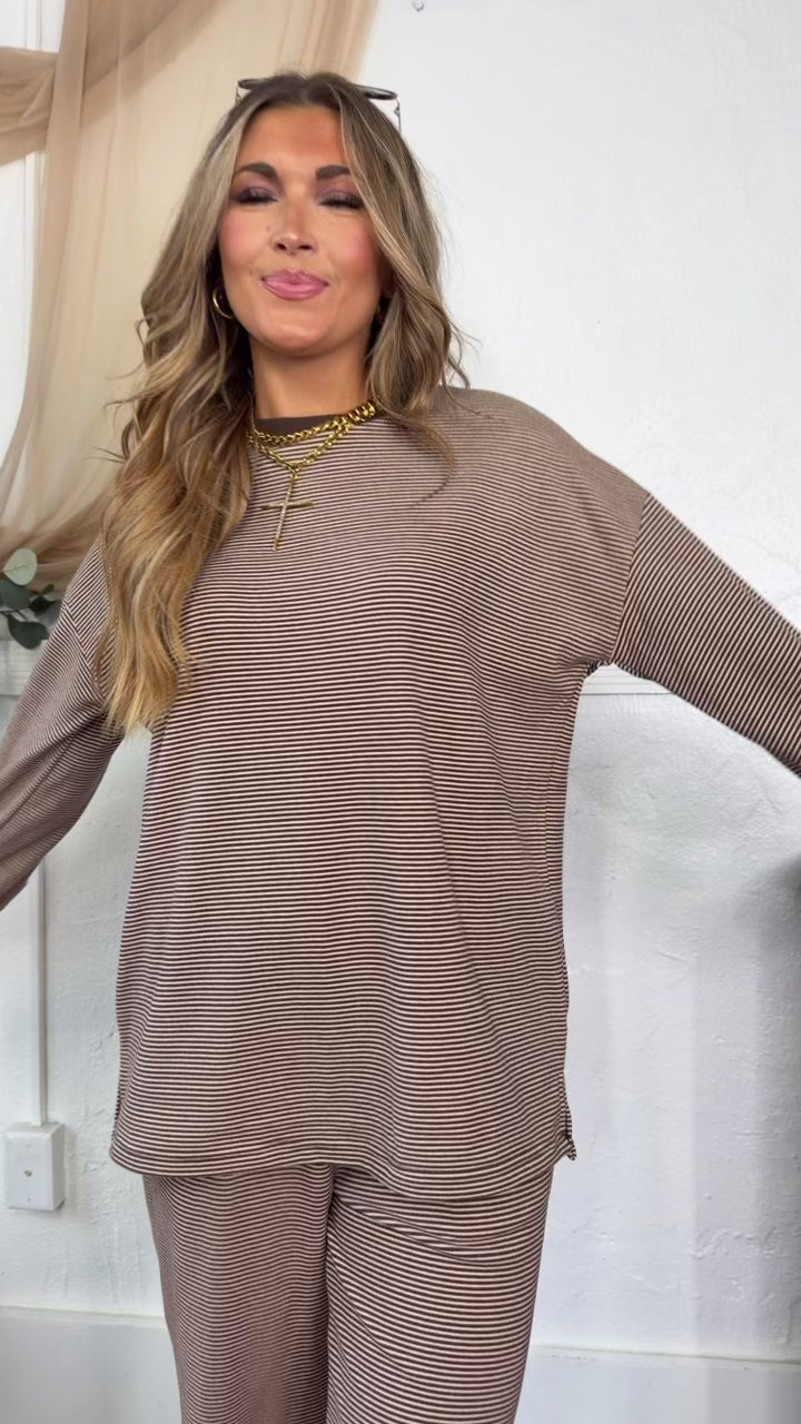 Striped Contrast Two Piece Set, Dk. Brown/Cream