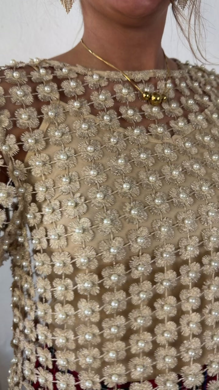 Here To Impress Lace Beaded Short Sleeve Top, Champagne