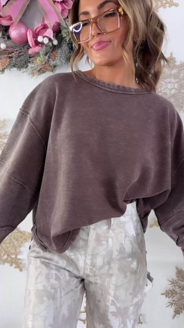 DOORBUSTER: Acid Washed Ribbed Cropped Pullover, Brown