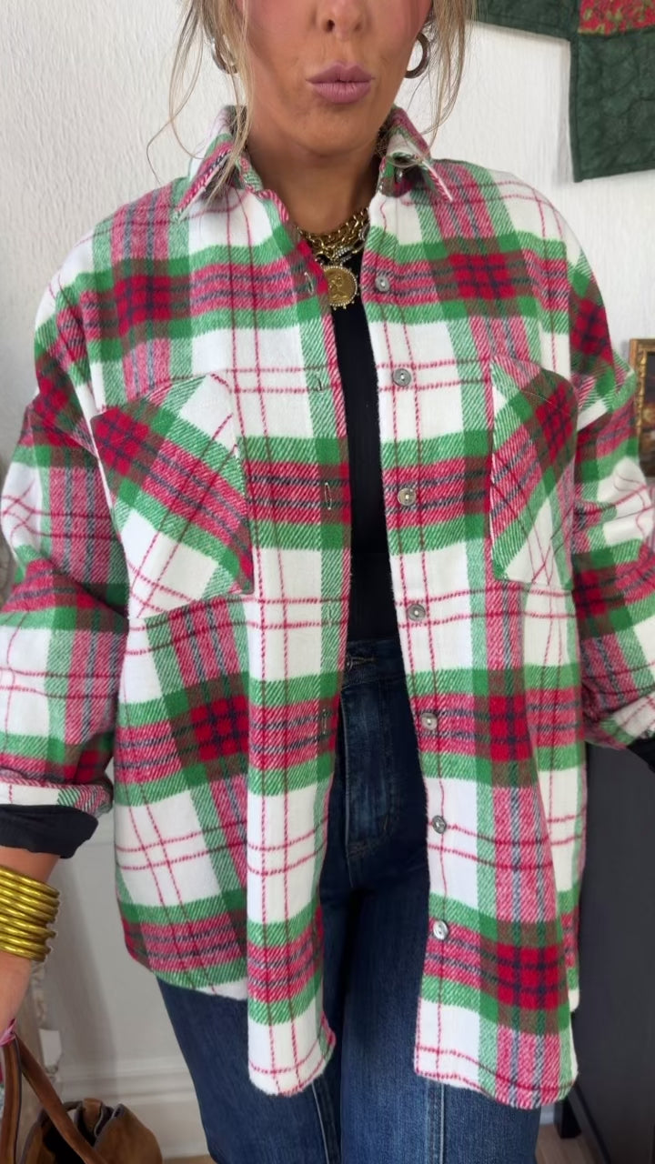 All Season Long Sleeve Plaid Button Down Top, Red/Green