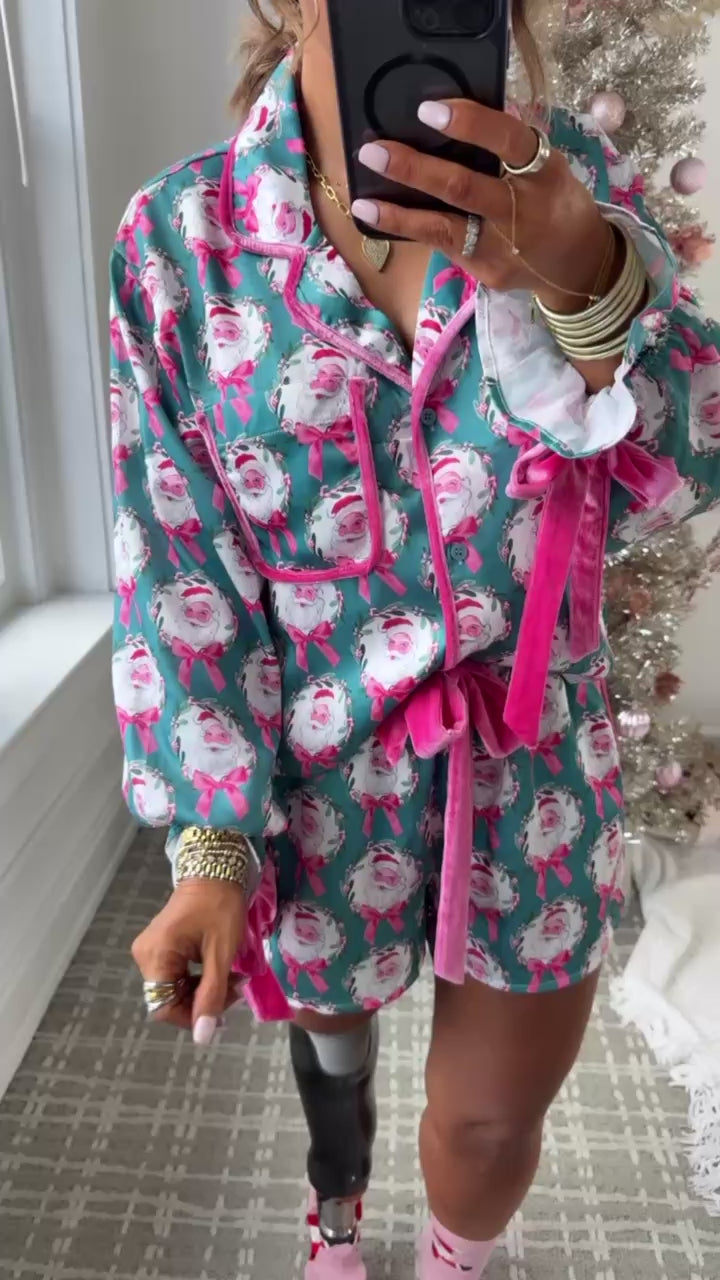 Season Greetings Silk Santa Bow Pajama Set, Teal