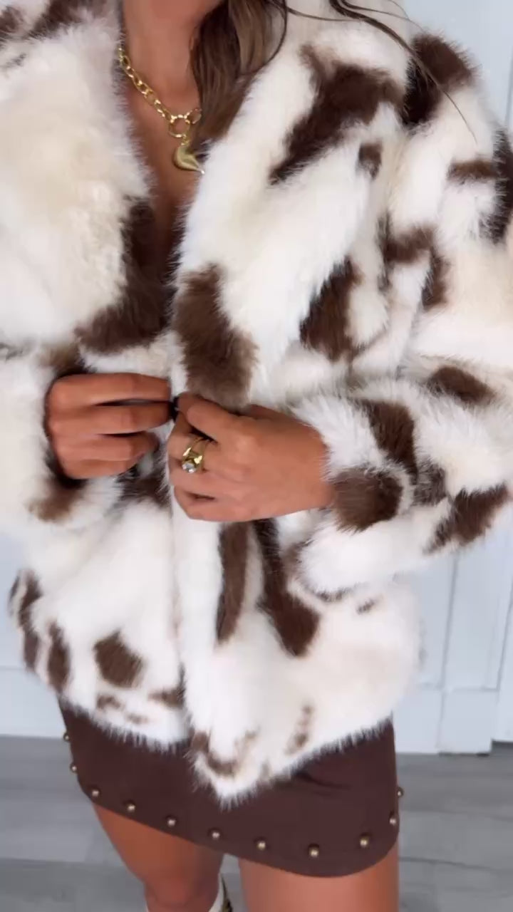 Cow Printed Fur Jacket, Brown/Cream