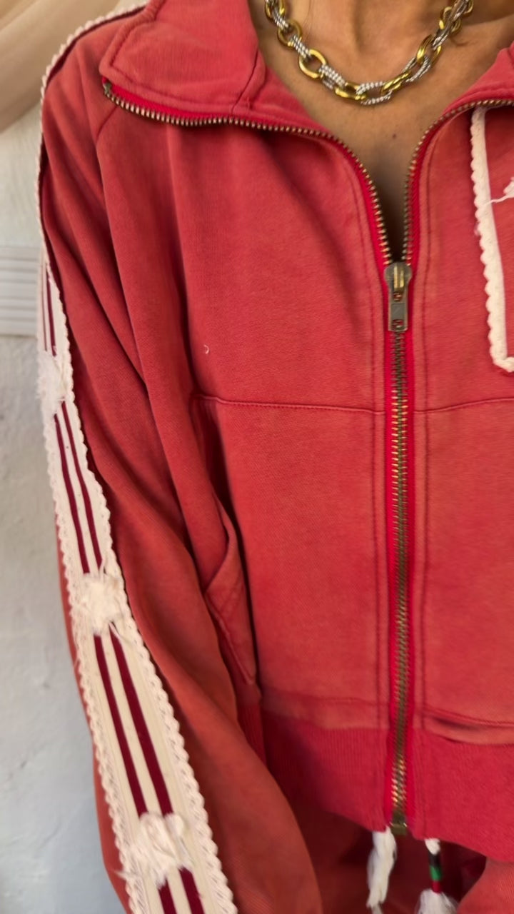 American Dream Patch Zip Up Jacket, Washed Red