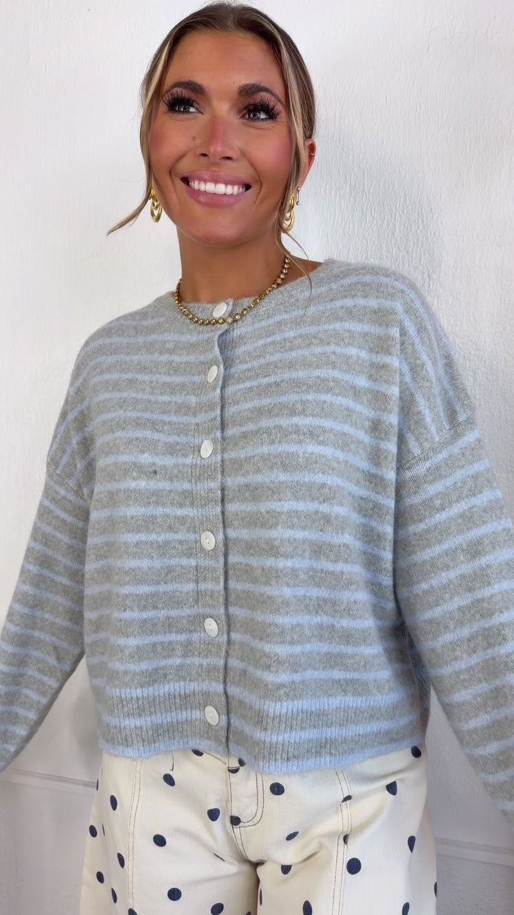 Faye Button Up Sweater, H.Grey/Sky