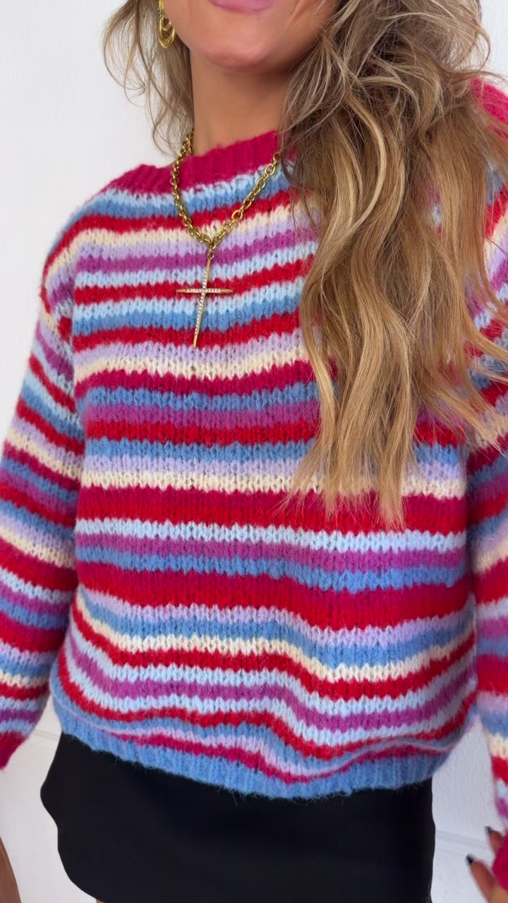 Stripe Boat Neck Sweater, Cherry/Sky