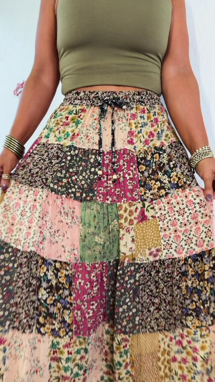 Cloverline Printed Tiered Midi Skirt, Latte