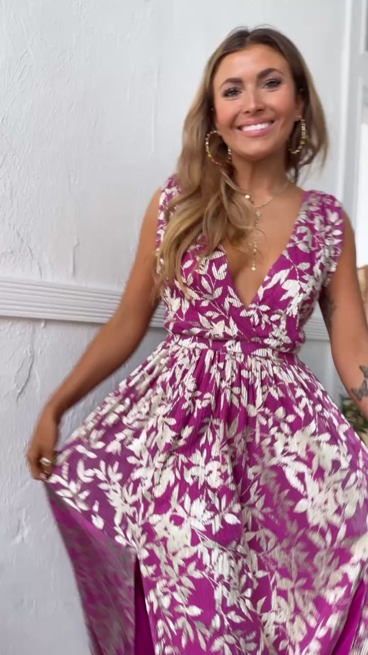 Rosaline Plunge Maxi Dress, Magenta/Gold