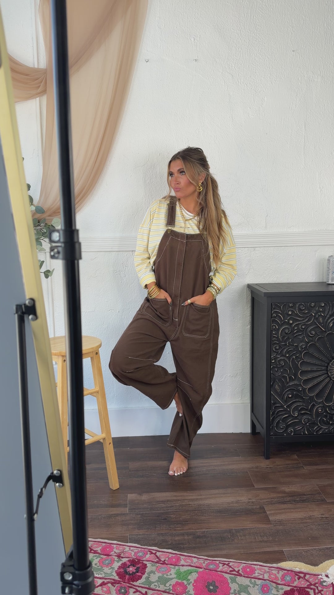 Open Fields Denim Overalls, Mocha Brown