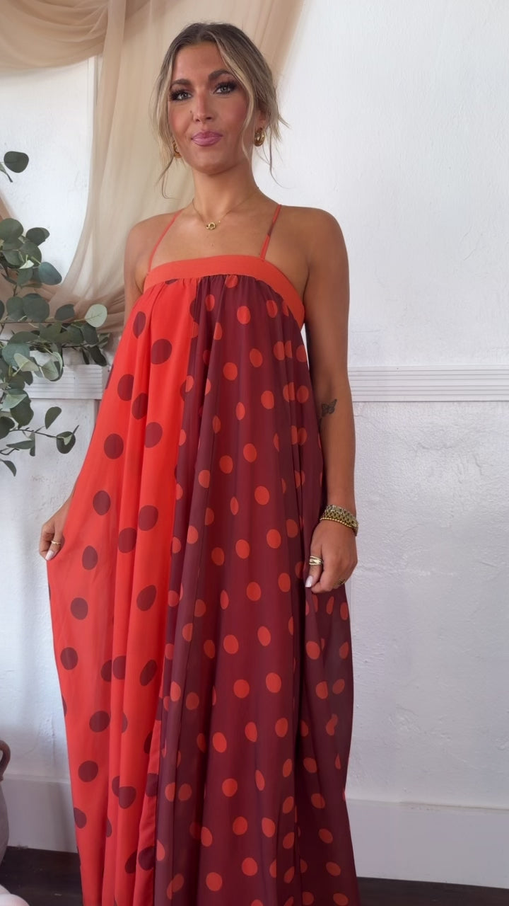 Polka Dot Color-Block Maxi Dress, Terracotta/Orange