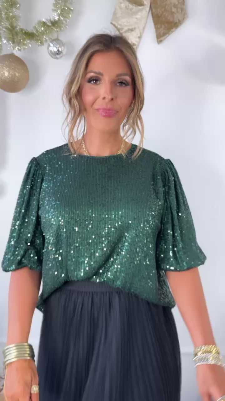 More Cheer Half Puff Sleeve Sequin Top, Green