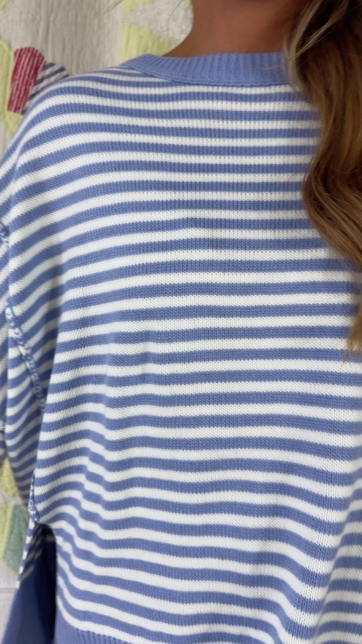 Warm Up Stripe Sweater, Dusty Blue/Ivory